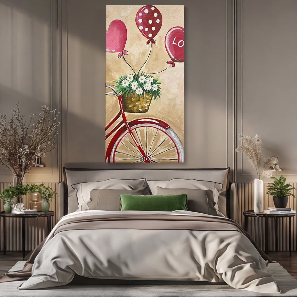Tablou canvas cu pictura cu bicicleta vintage si baloane, fara rama, pe sasiu de lemn, pe perete intr-un dormitor
